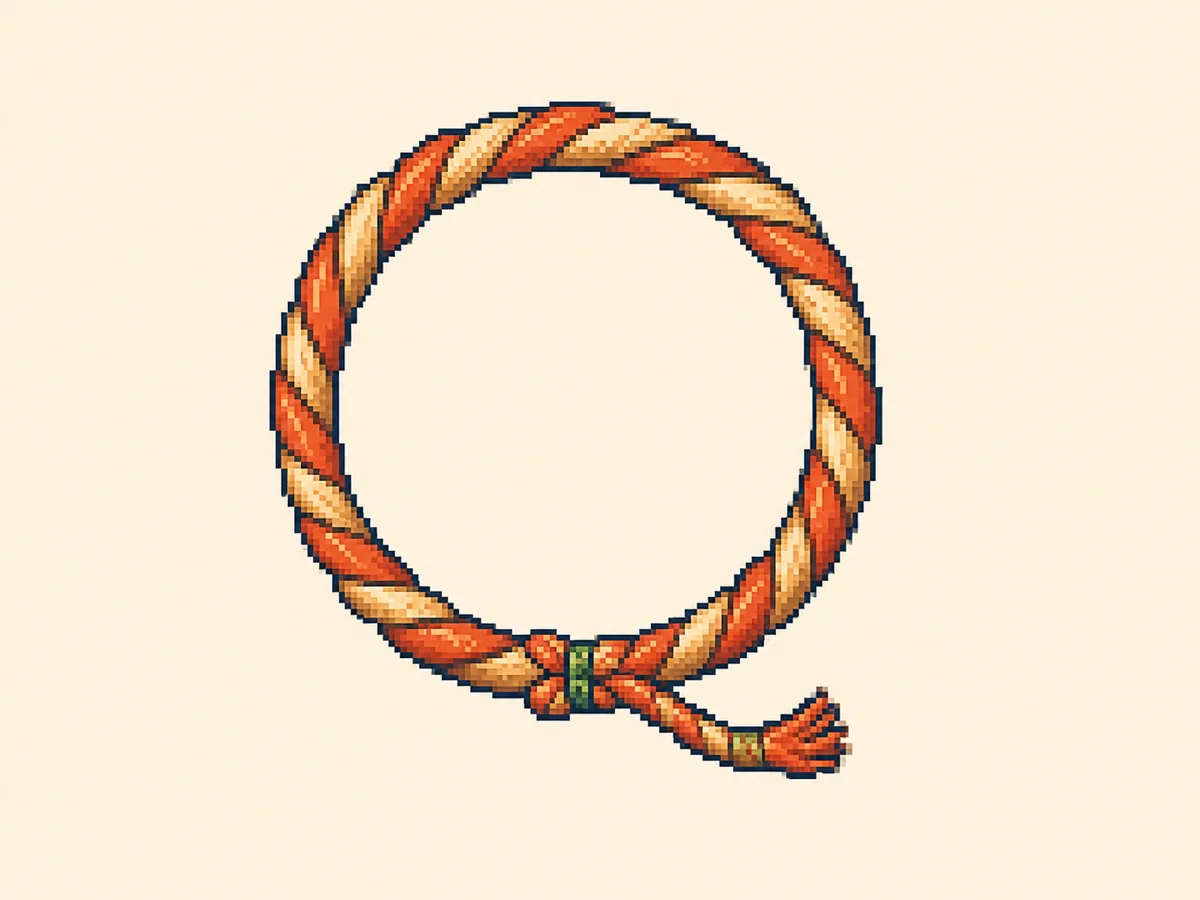 わ (wa) mnemonic: a coiled rope wreath tied into a ring with one loose end trailing