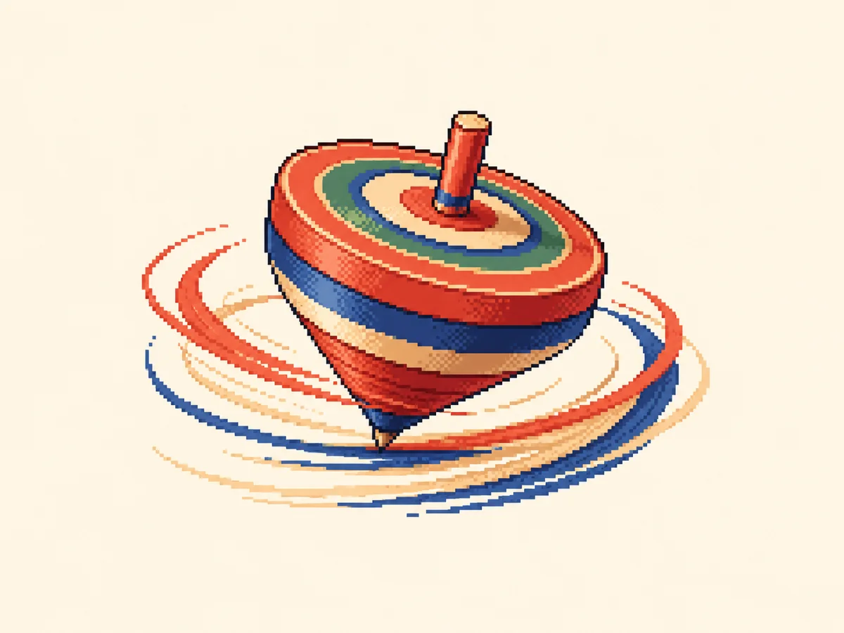 を (wo) mnemonic: a spinning top caught mid-spin, curved strokes wrapping around its base
