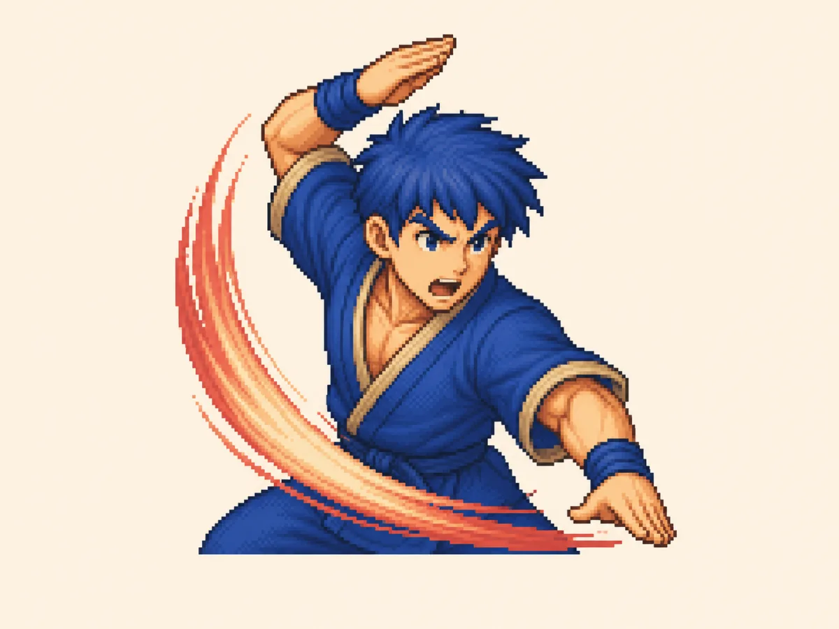 か (ka) mnemonic: a martial artist mid-chop, one arm cocked back, a curved motion-swipe trailing the strike