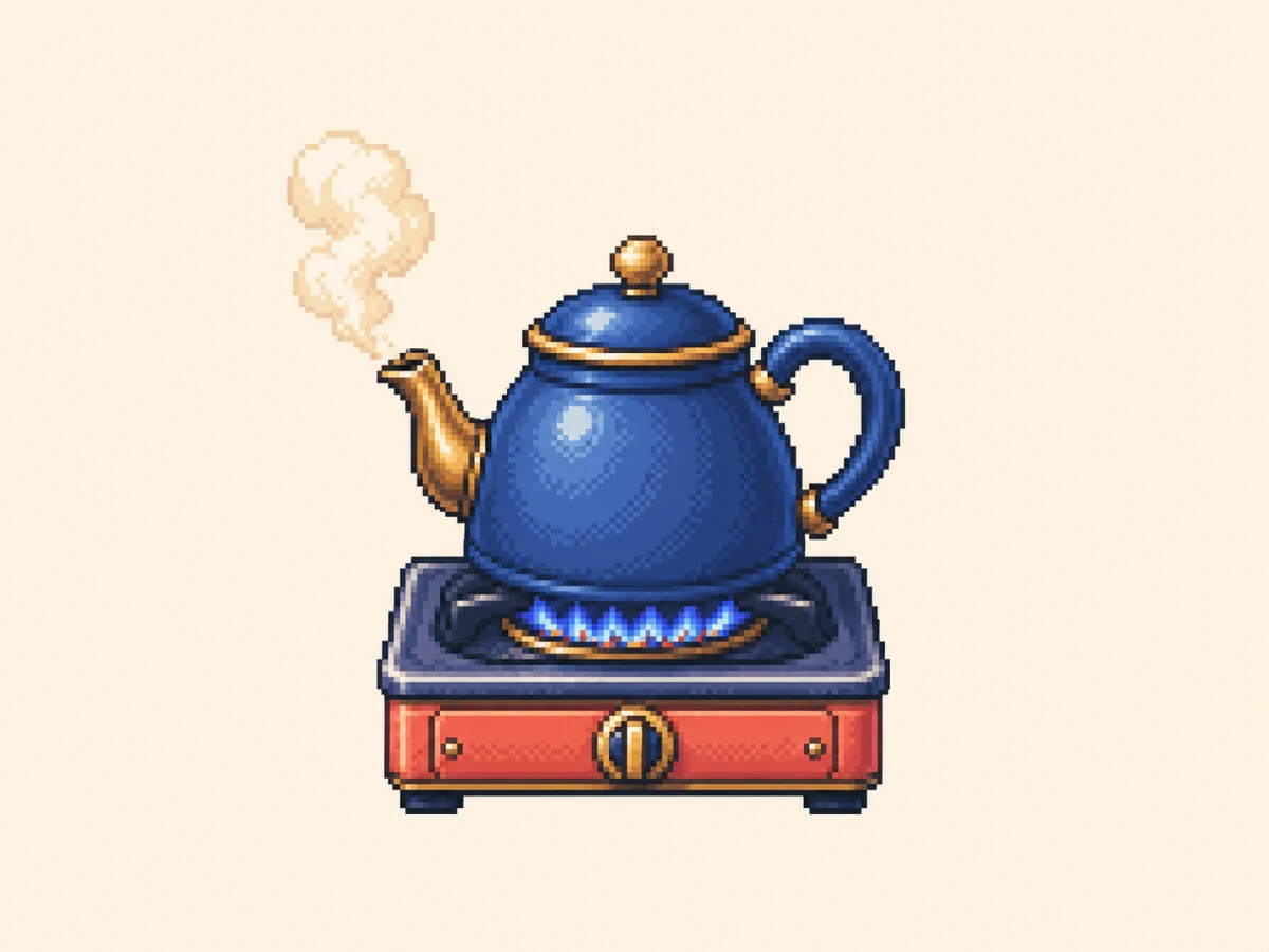 け (ke) mnemonic: a kettle on a stovetop with a curved handle, small spout, and a wisp of steam rising