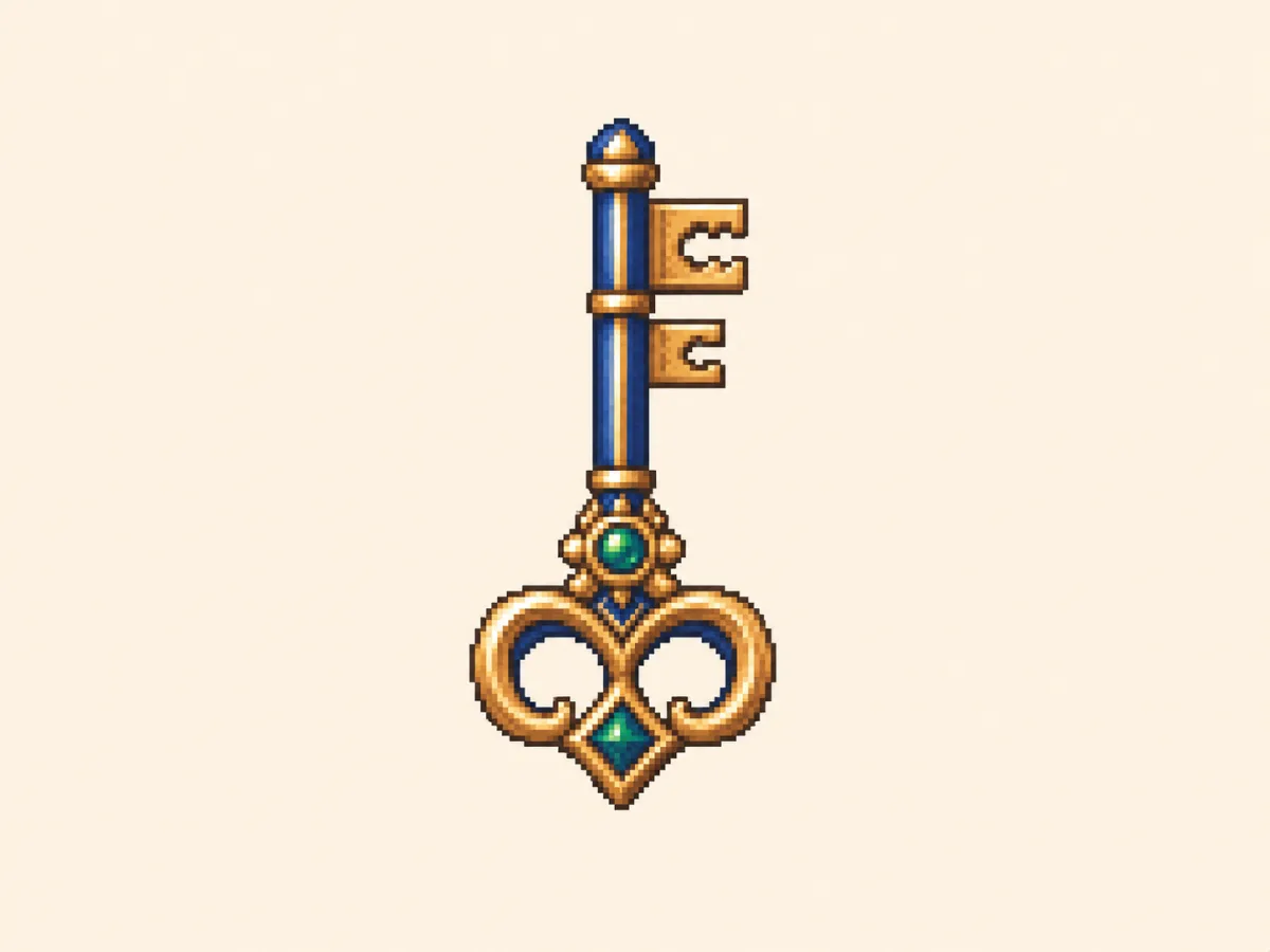 き (ki) mnemonic: an ornate gold skeleton key with a jeweled bow, vertical shaft and two crossbars near the top