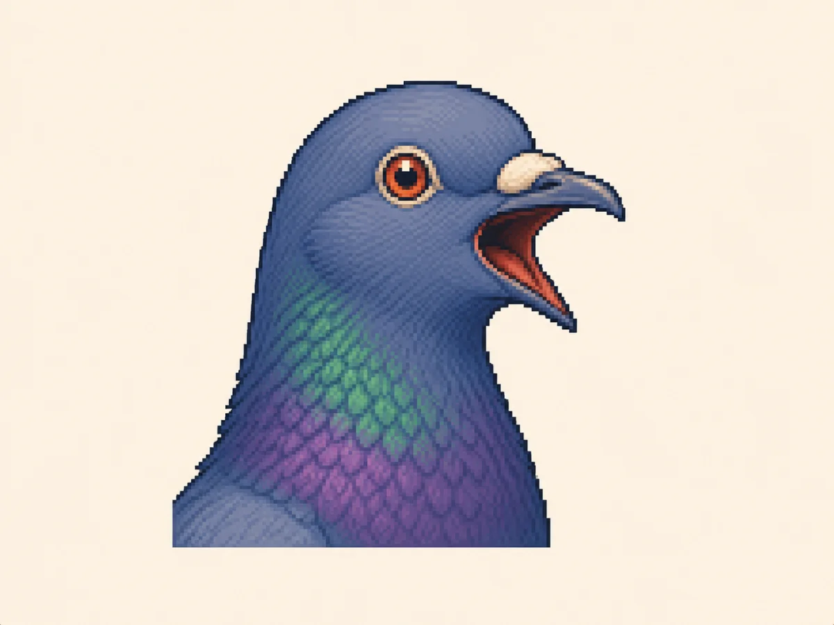 く (ku) mnemonic: a pigeon's head in profile, beak open wide mid-coo