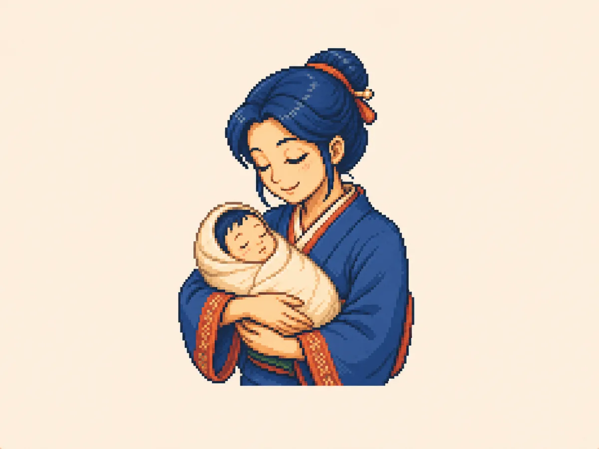 ま (ma) mnemonic: a mother cradling a swaddled baby in her arms