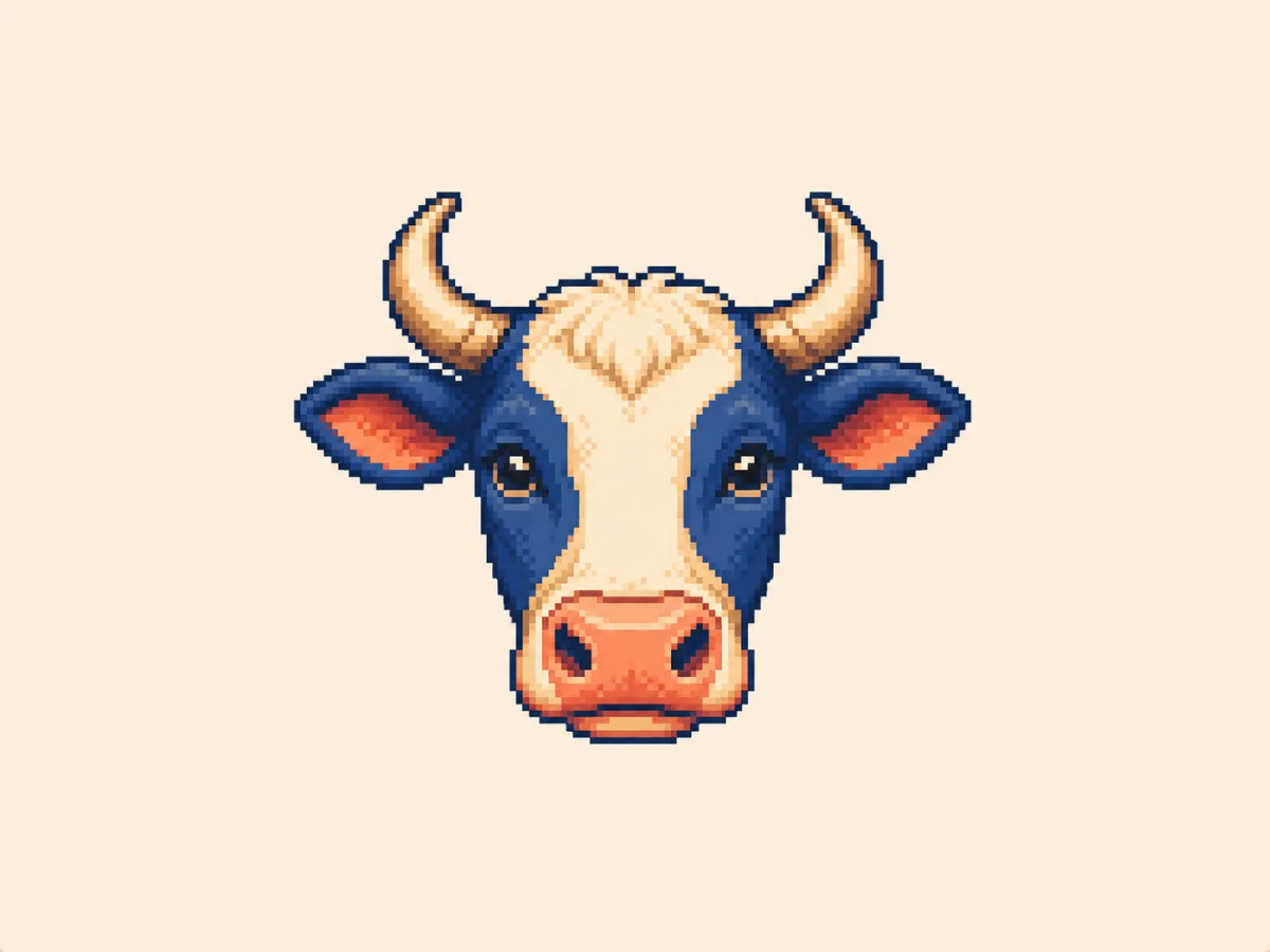 む (mu) mnemonic: a front-facing cow's face with two curled horns and a wide flat snout