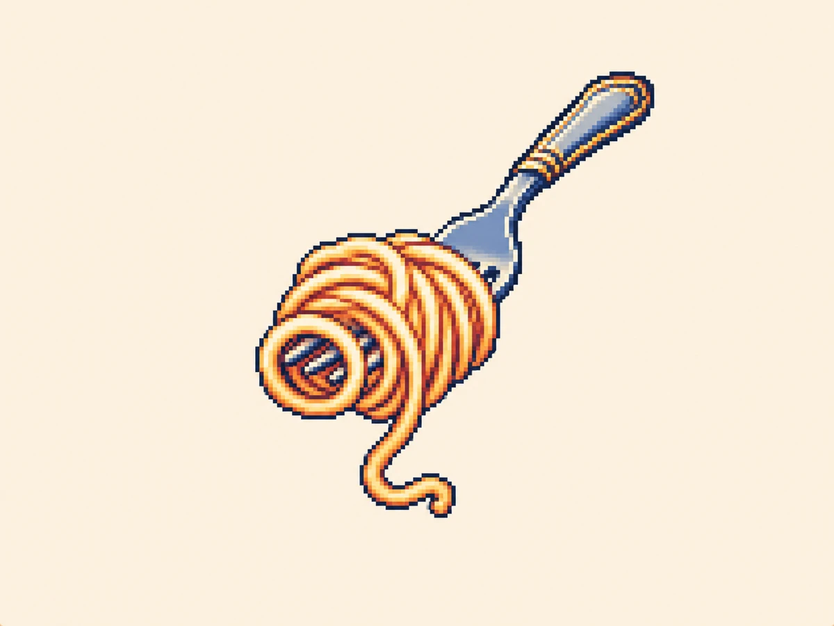 ぬ (nu) mnemonic: noodles tangled tightly around a fork, with a clearly closed loop where the noodle winds back on itself