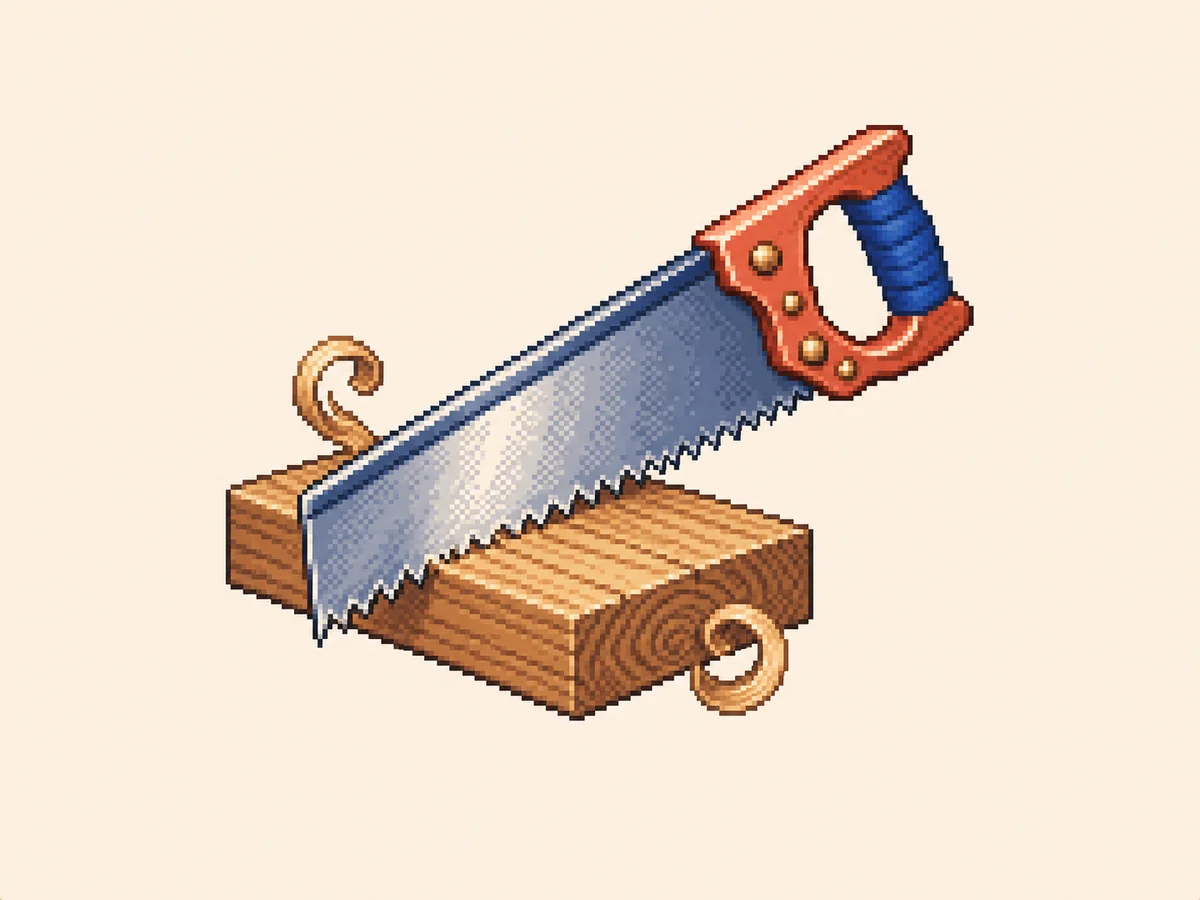 さ (sa) mnemonic: a hand saw mid-cut through a wooden plank, teeth of the blade biting into the wood