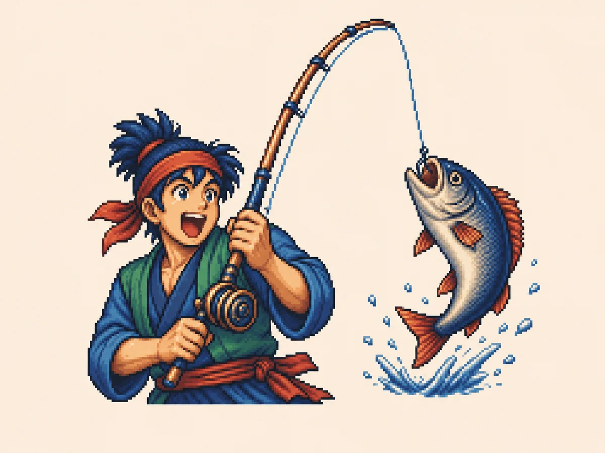 し (shi) mnemonic: a person reeling in a fishing rod, a fish caught mid-leap on the hook, shouting in delight