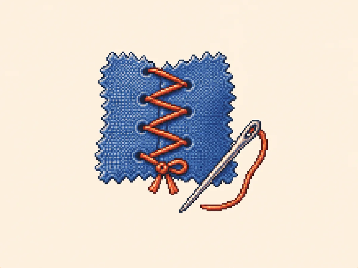 そ (so) mnemonic: a zigzagging line of hand-sewn stitches through fabric, thread pulled taut and knotted