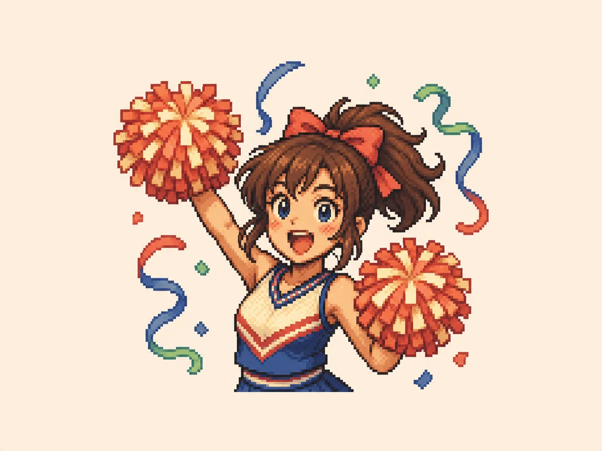 ち (chi) mnemonic: a cheerleader mid-cheer, waving pom-poms and shouting in delight
