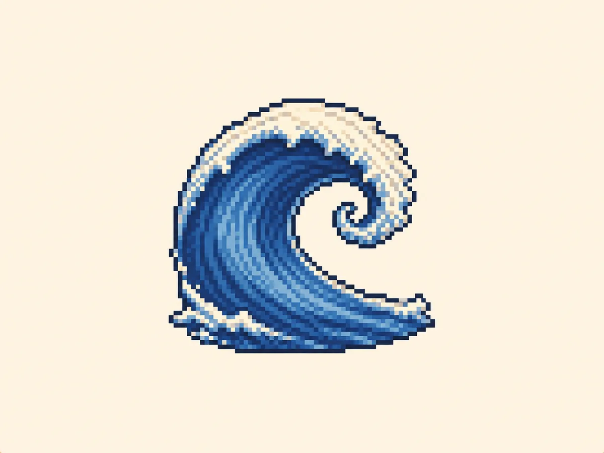 つ (tsu) mnemonic: a single ocean wave cresting and curling forward like a tsunami