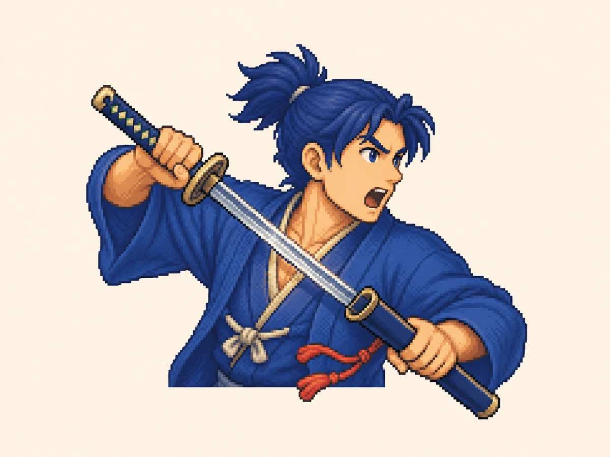 あ (a) mnemonic: a samurai warrior mid-draw, katana blade snapping up out of its sheath, shouting "AH!"