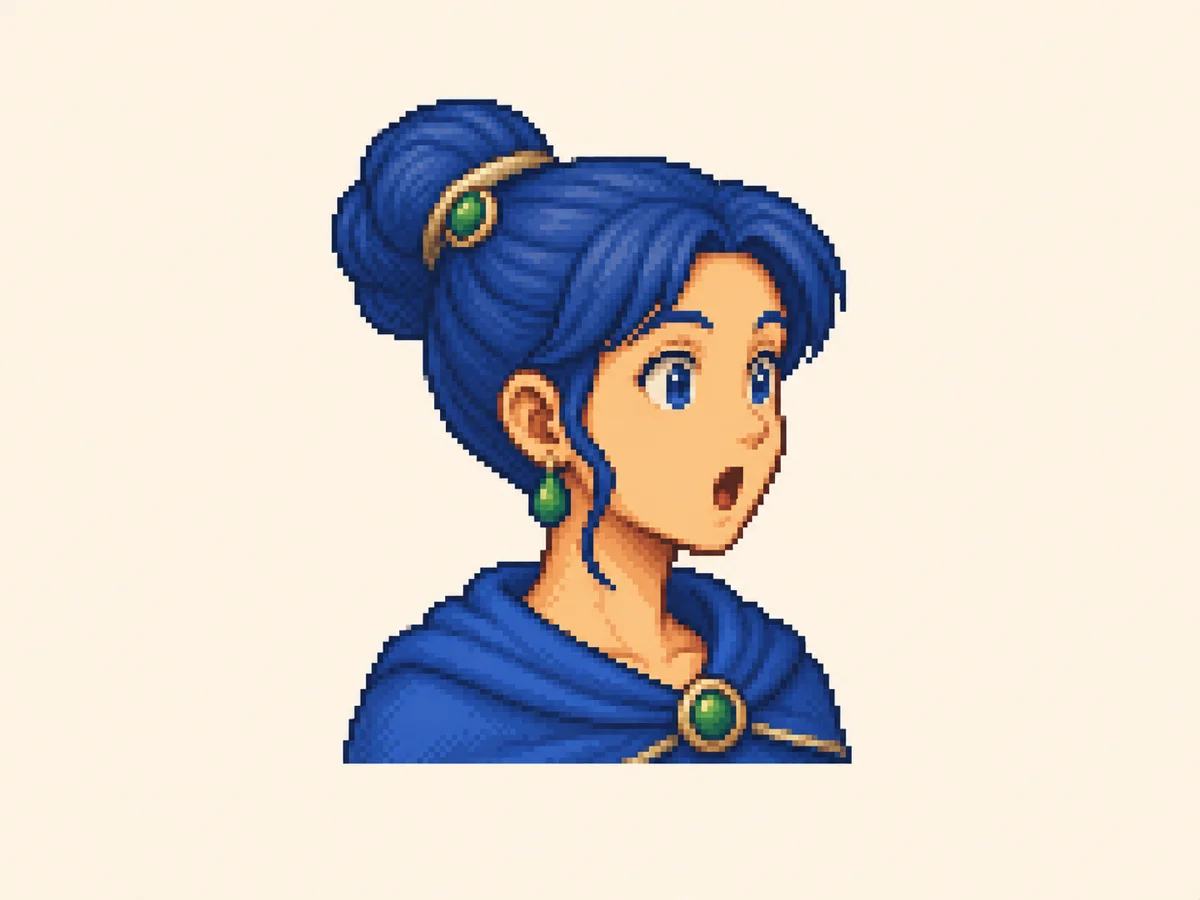 お (o) mnemonic: a woman with her hair styled up, one small curling strand escaping near the bottom, mouth rounded in an "oh" shape