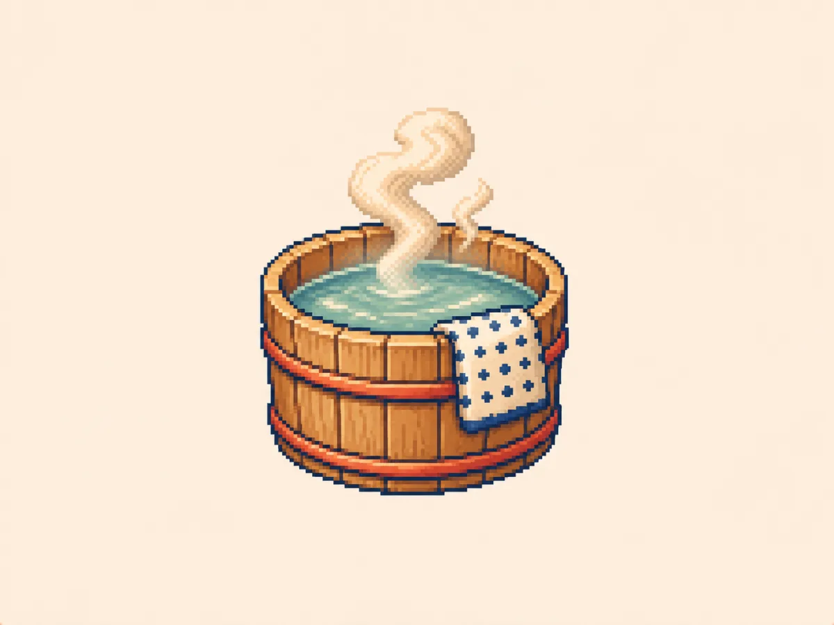 ゆ (yu) mnemonic: a round wooden onsen bucket with steam curling up from the hot water inside
