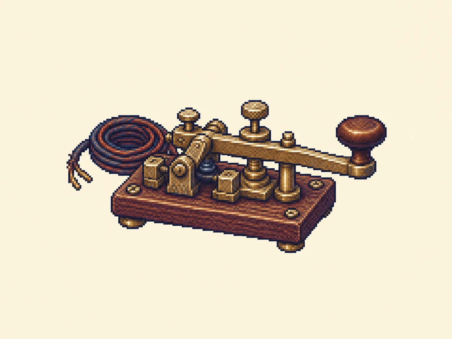 ヲ (wo) mnemonic: an old brass telegraph key, several small levers and a coiled wire