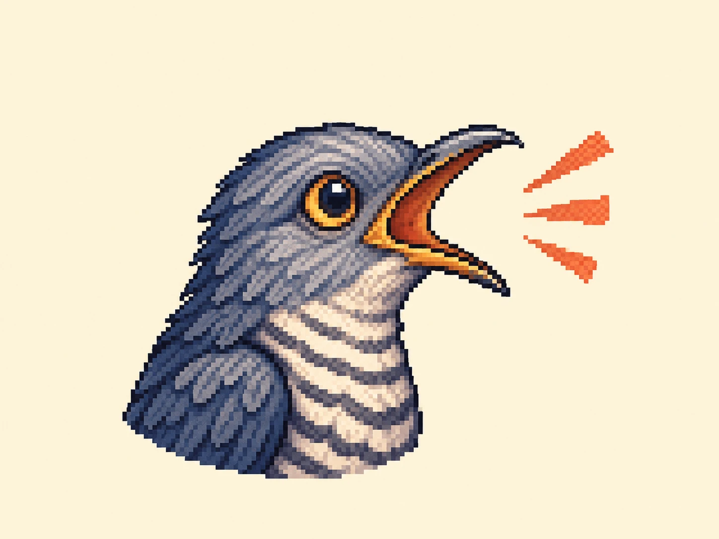 ク (ku) mnemonic: a cuckoo bird's head in profile, beak open wide mid-call