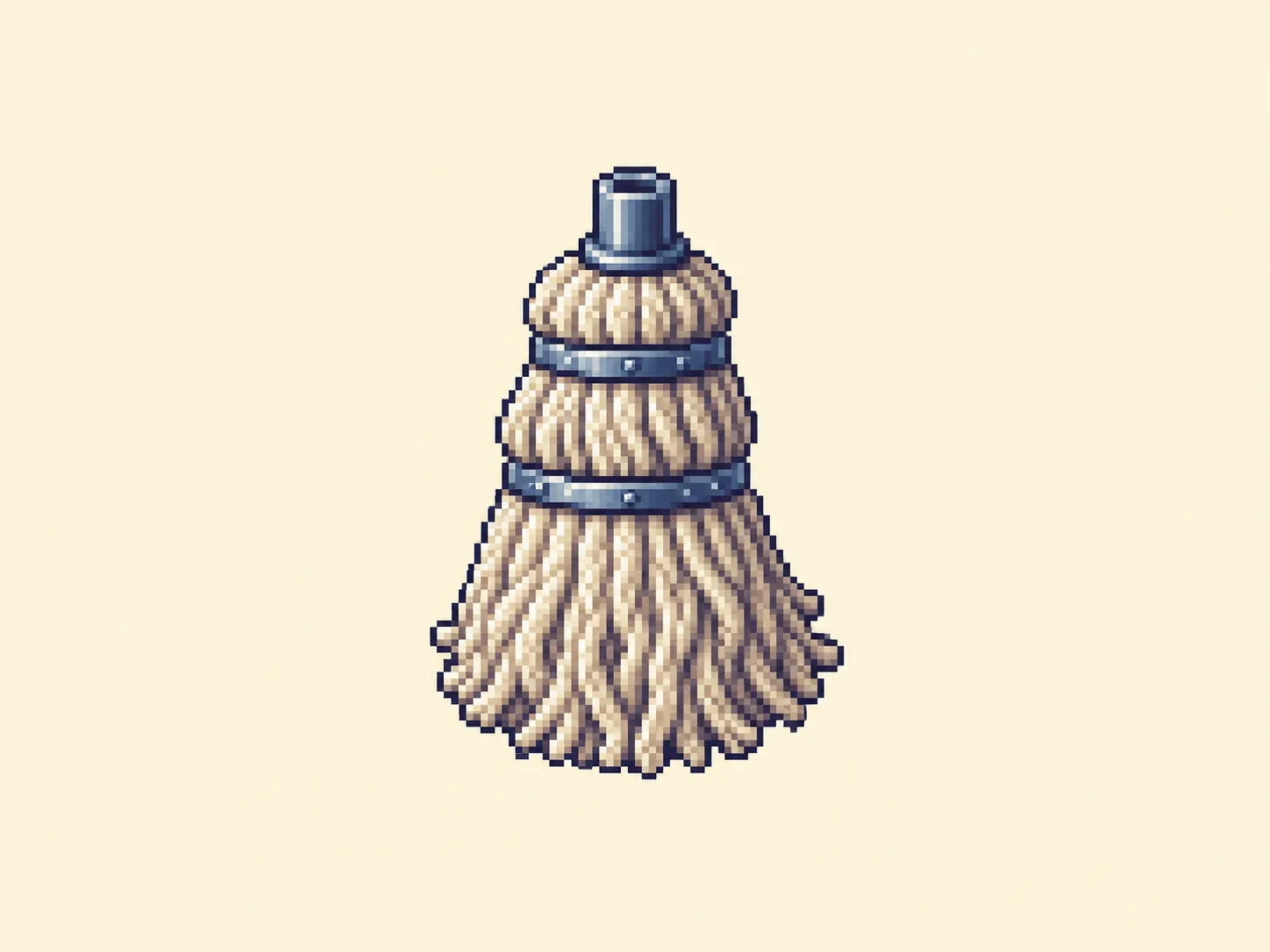 モ (mo) mnemonic: a shaggy string mop, two horizontal bands wrapped around a bundle of loose strands