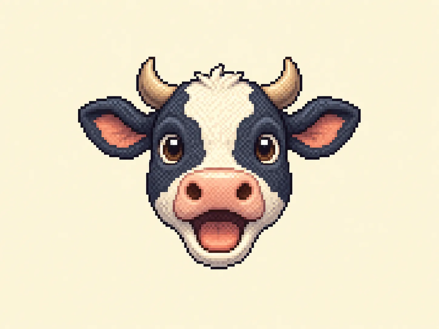 ム (mu) mnemonic: a cow's face seen head-on, two nostrils and a simple triangular snout outline