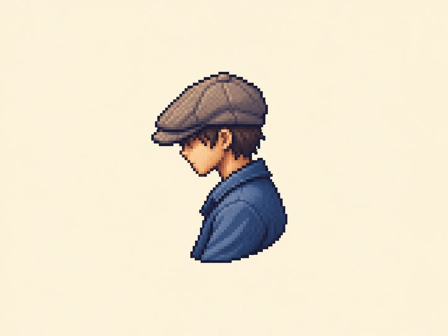 ラ (ra) mnemonic: a person in a flat cap seen from the side, head bowed so the brim juts out over a hunched, forward-bent body