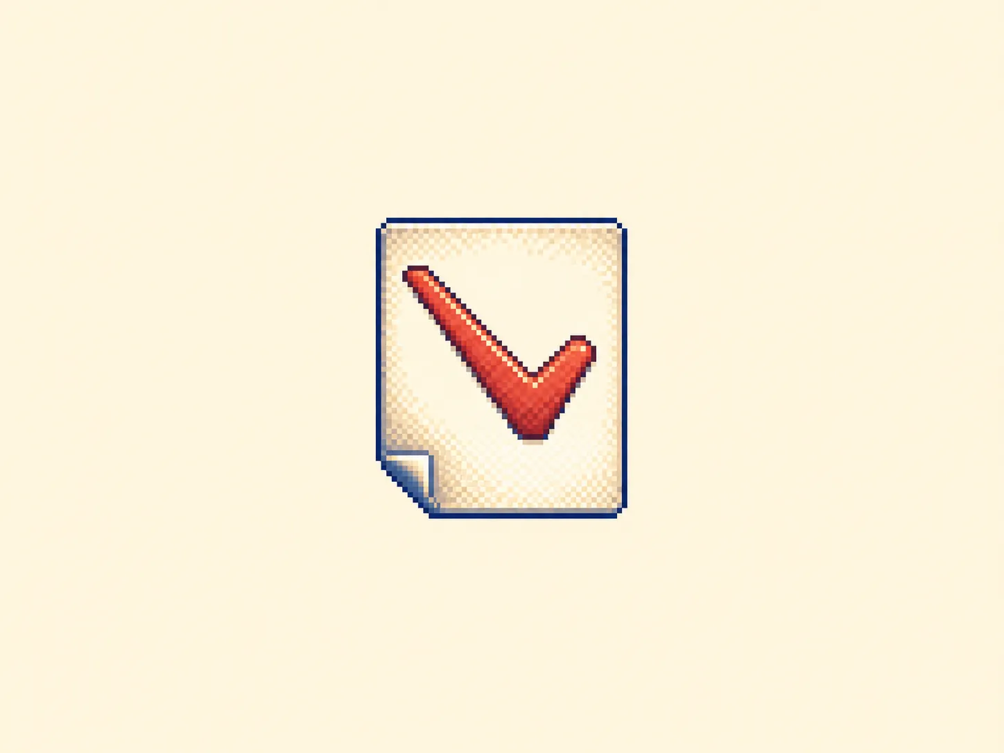 レ (re) mnemonic: a lopsided red checkmark on a small paper form, a long stroke running down from the upper left and turning at a sharp point into a short flick up to the right