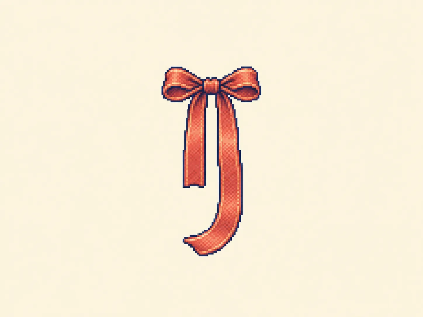 リ (ri) mnemonic: a ribbon bow with its two tails hanging straight down, the left tail short and the right tail longer, curling off to the lower left at its end