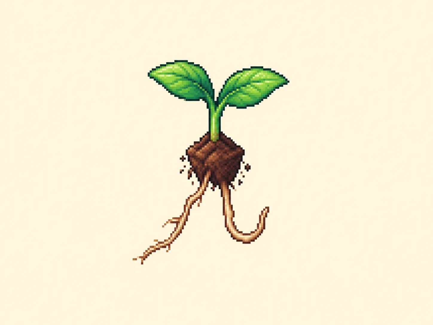 ル (ru) mnemonic: a seedling lifted out of the soil showing two roots, the left one trailing off to the left and the right one running straight down before curling back up to the right