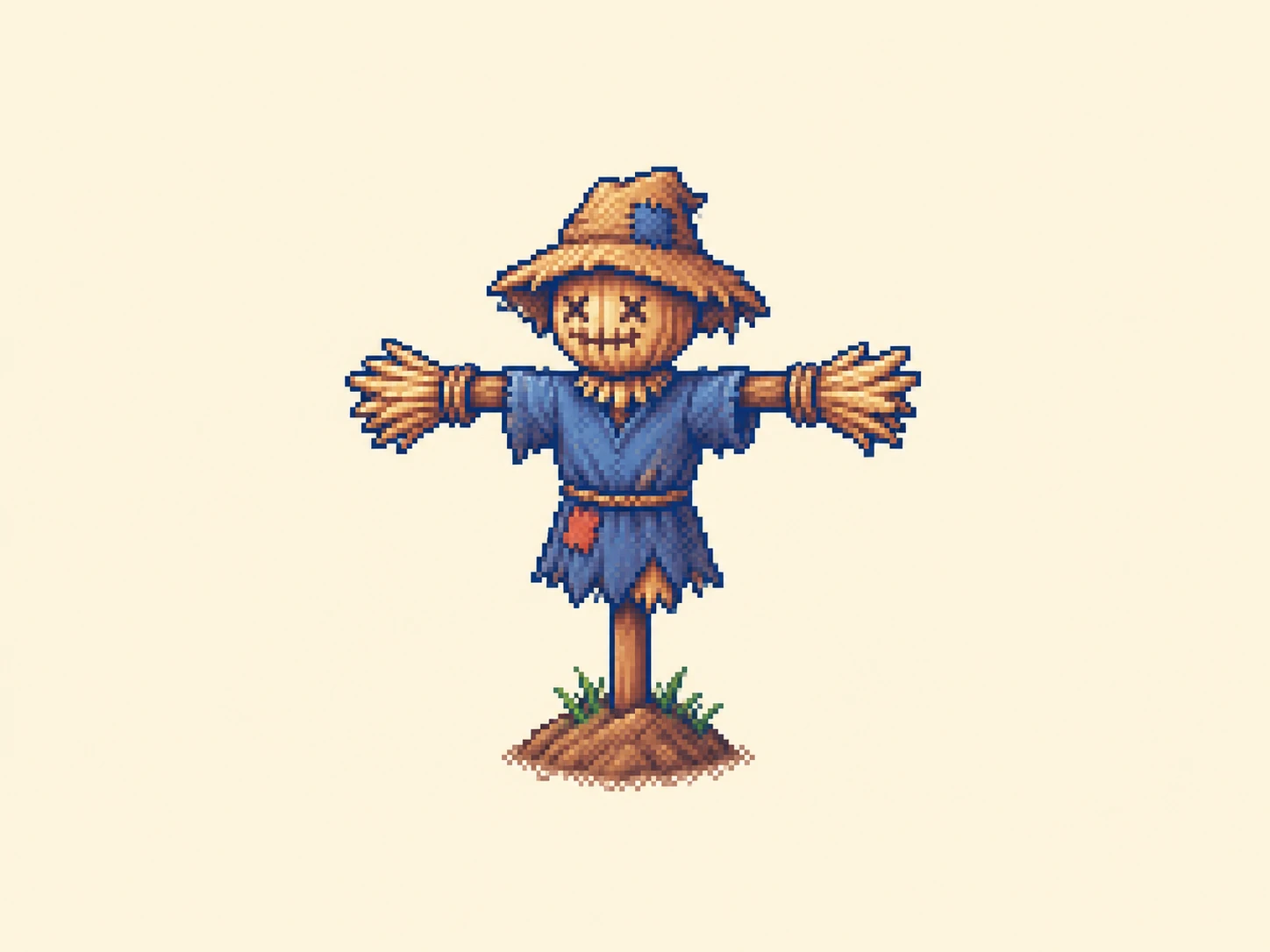サ (sa) mnemonic: a scarecrow, arms straight out along a crossbar, mounted on a short stake