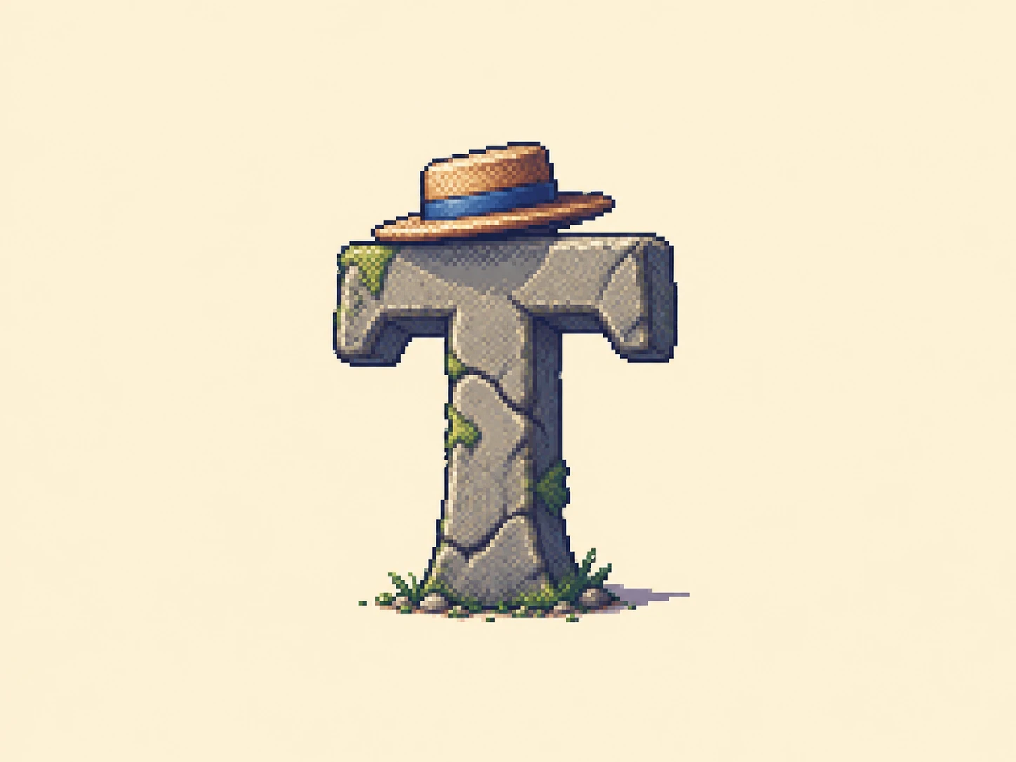 テ (te) mnemonic: a capital letter T wearing a small flat hat, a short brim sitting above the crossbar
