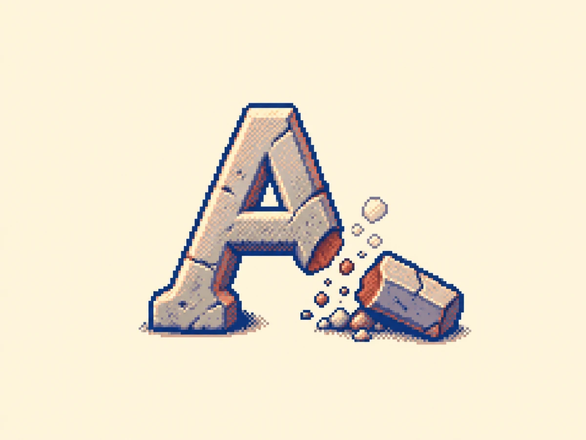 ア (a) mnemonic: a capital letter A carved from stone, the right leg broken off and lying on the ground