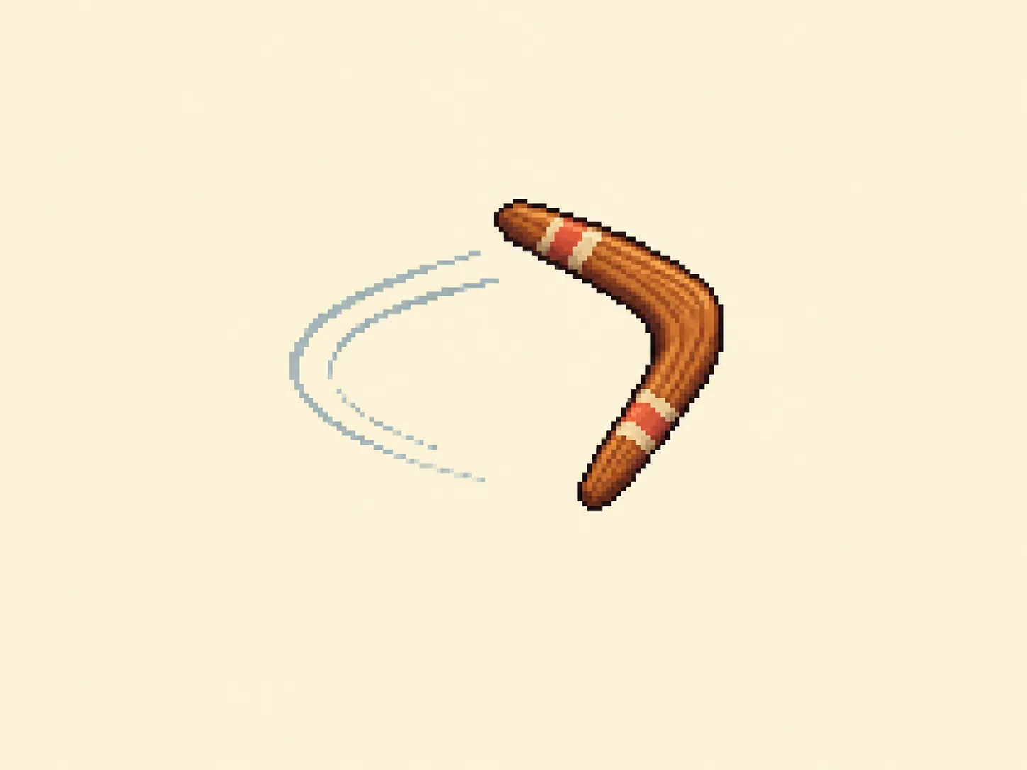 ヤ (ya) mnemonic: a boomerang mid-flight, angled sharply as it curves back toward the thrower